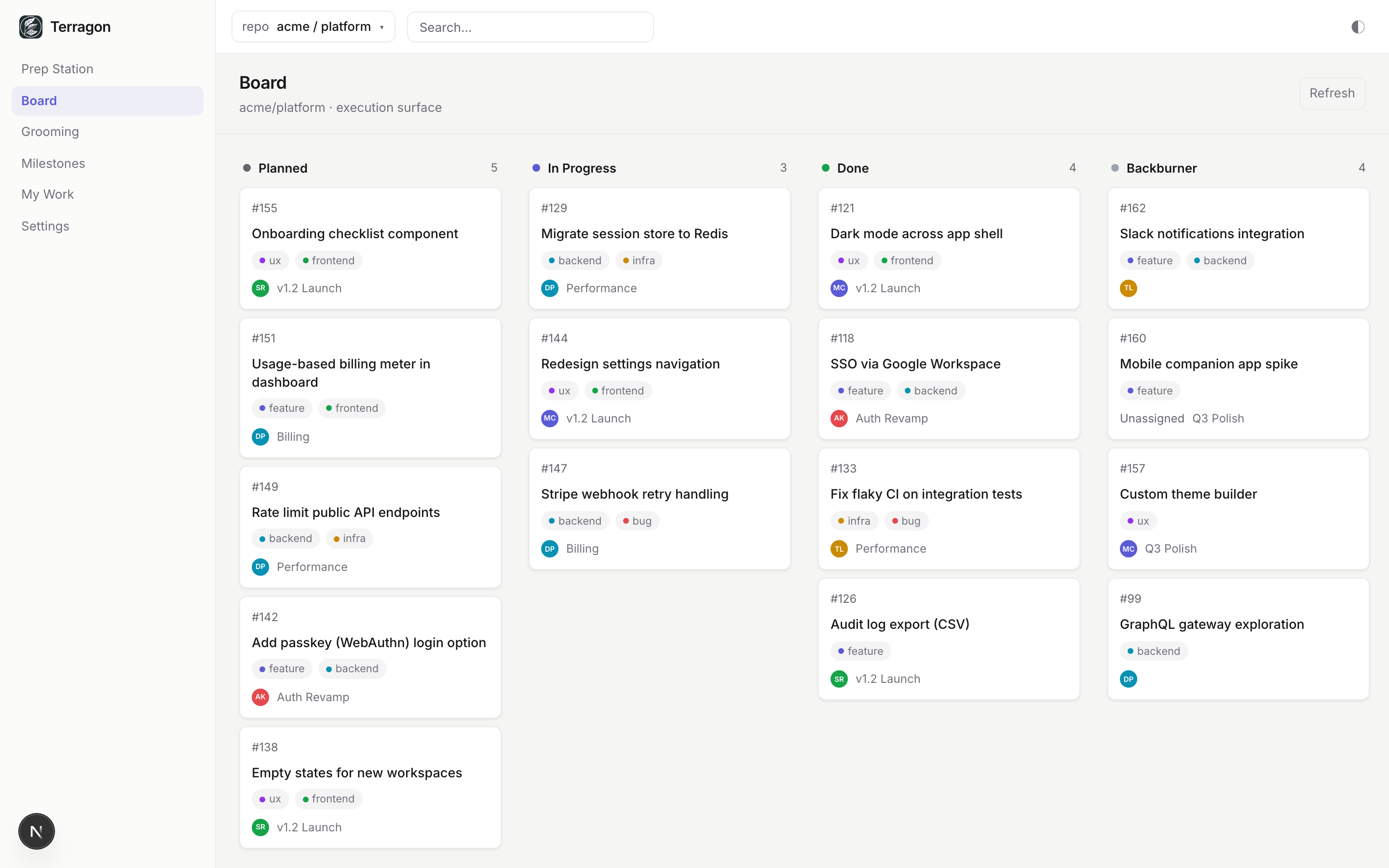 Terragon board — issues grouped into Planned, In Progress, Done, and Backburner